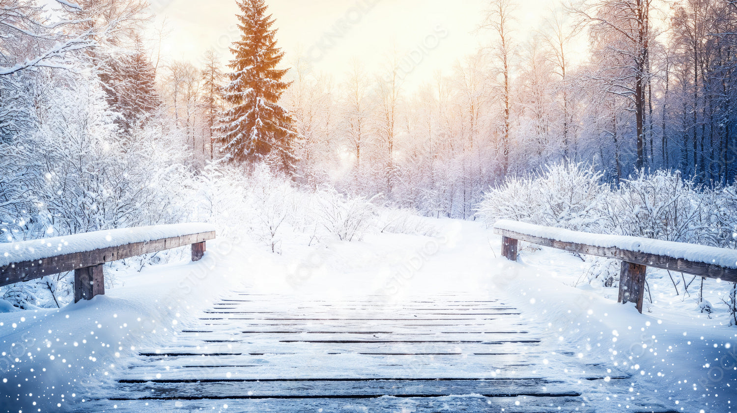 Sunrise Over Snowy Forest with Pine Cones on Wooden Deck, Capturing Winter’s Warmth