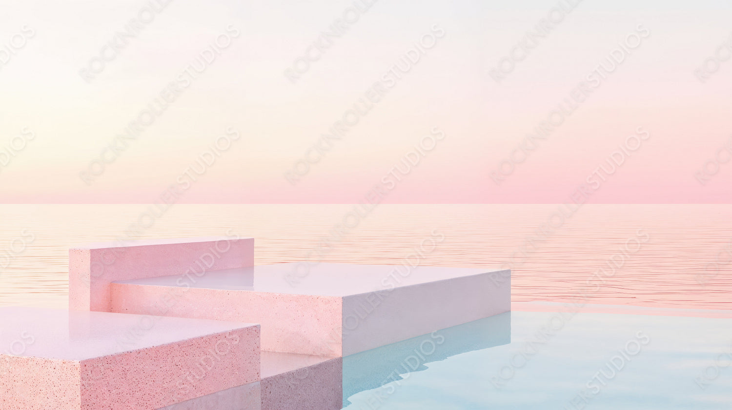 Serene Pastel Sunset: Geometric Shapes and Calm Waters in a Surreal Landscape