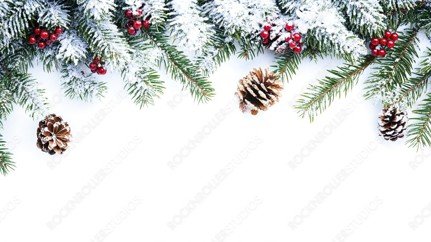 Snow-Dusted Pine Branches with Pinecones and Red Berries Against a White Background