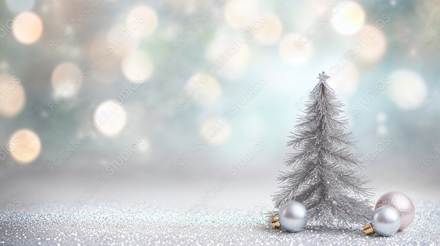 Silver Mini Christmas Tree with Ornaments and Glittering Background for Festive Display