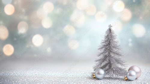 Silver Mini Christmas Tree with Ornaments and Glittering Background for Festive Display