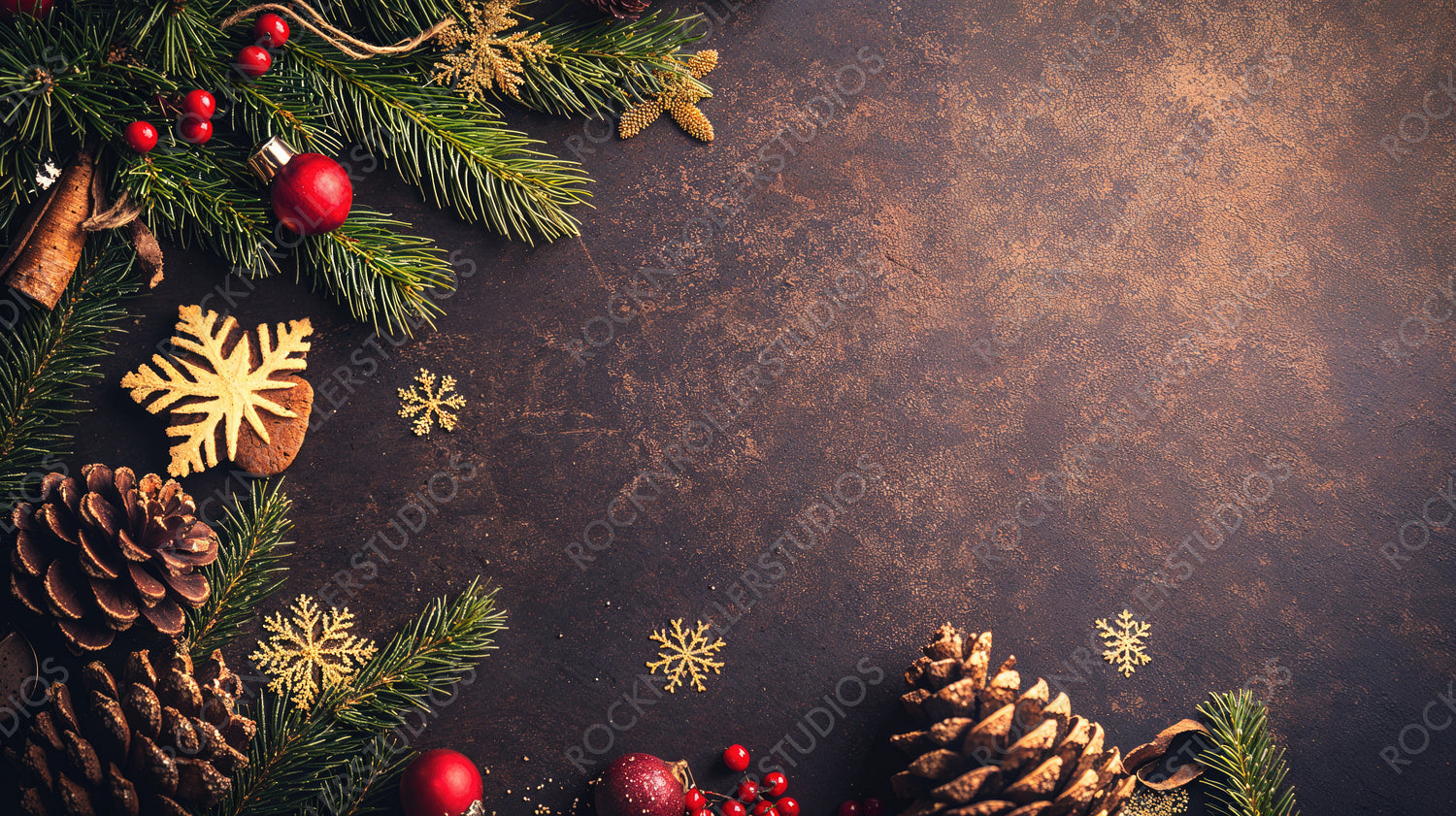 Rustic Christmas Decorations with Pine Cones, Snowflakes, and Ornaments on Dark Wooden Background