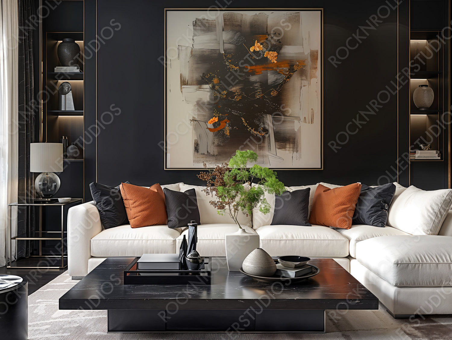 Chic Modern Living Room with Dark Palette and Bold Abstract Art