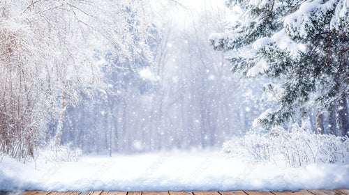 Snow-Covered Trees Framing a Winter Wonderland with Falling Snowflakes