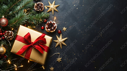 Elegant Christmas Gift Box with Red Ribbon, Pine Cones, and Golden Stars