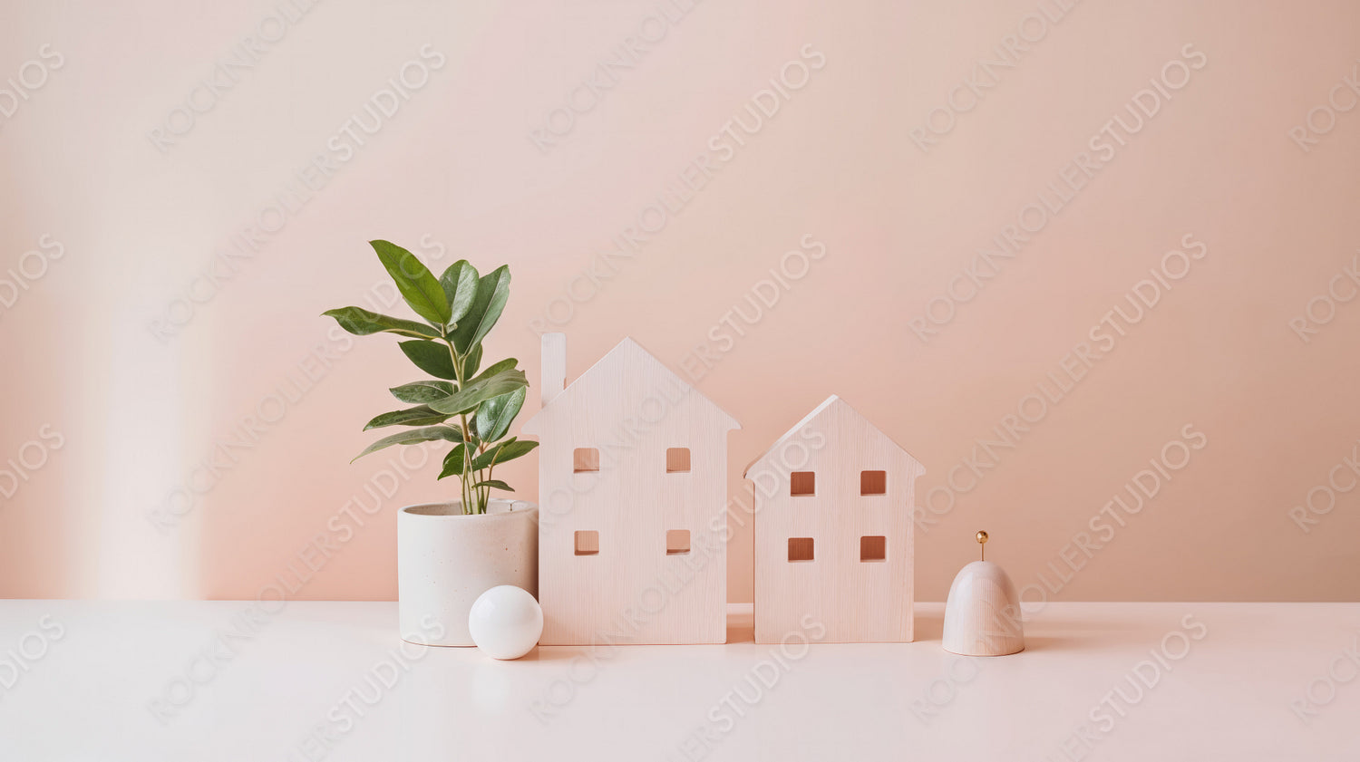 Wooden House Models with Potted Plant and Minimal Decor