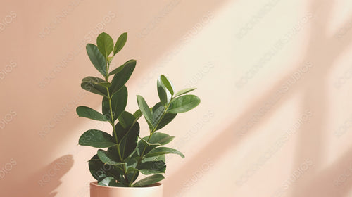 Potted Plant with Sunlit Leaves Against Soft Pink Background - Indoor Nature Decor