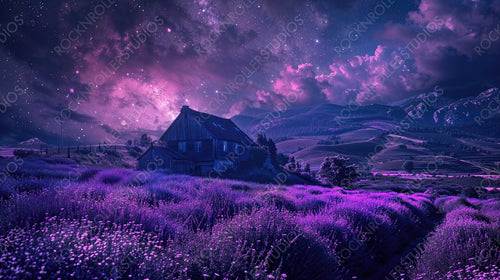 Dreamy Night Sky Over Lavender Field and Cozy Cabin