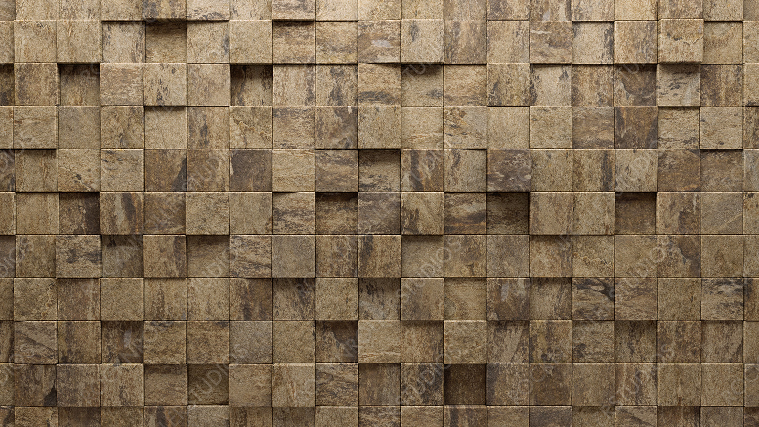 3D Tiles arranged to create a Natural Stone wall. Square, Textured Background formed from Polished blocks. 3D Render