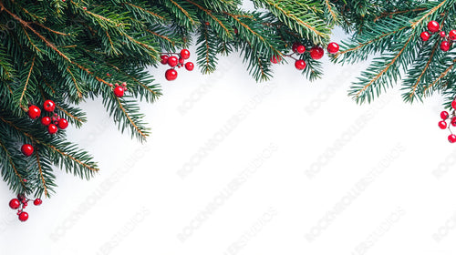 Simple holiday background with fresh evergreen branches and vibrant red holly berries