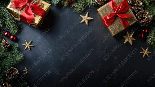 Elegant Christmas Gift Wrapped with Gold Ribbon and Pine Decorations on a Classic Dark Background