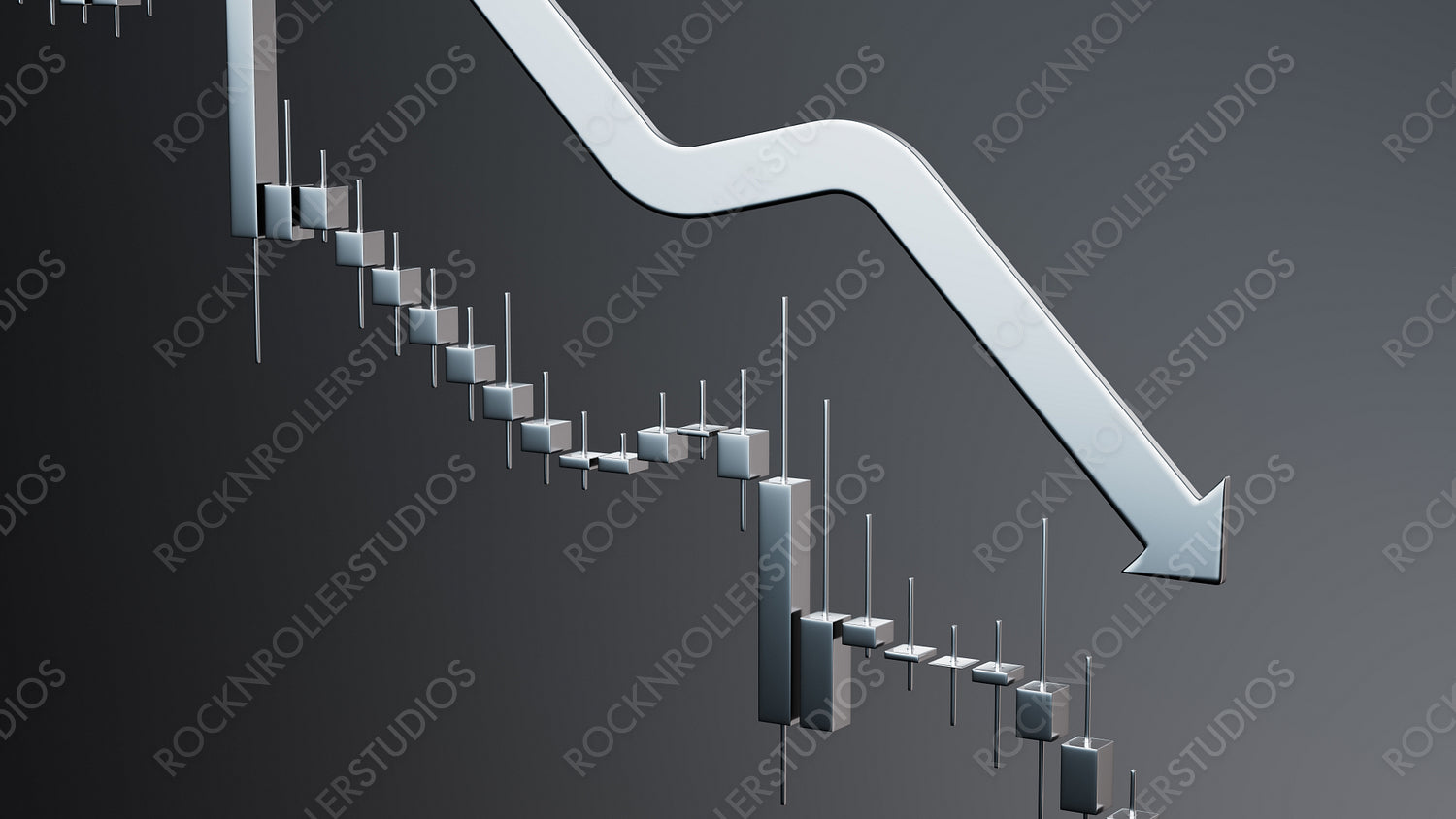 3D Declining Arrow Over Candlestick Chart: Bear Market Visual