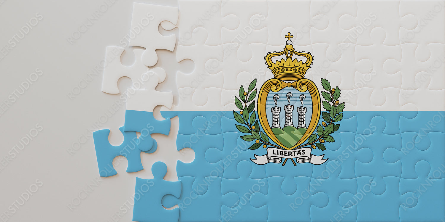 San Marino Flag Puzzle: Emblem of Liberty and Towers Amidst a Laurel Wreath
