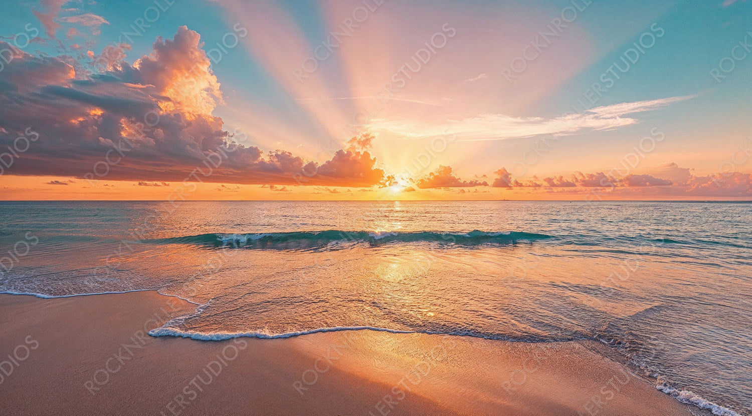Travel banner with Majestic Sunrise Beach in the Maldives. Calm Holiday Destination.