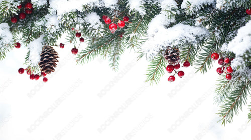 Snow-Dusted Pine Branches with Pinecones and Red Berries Against a White Background