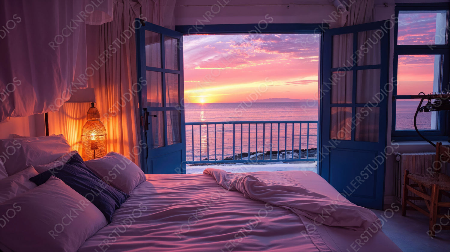 Romantic Sunset View from Cozy Bedroom, Open Balcony Overlooking Ocean