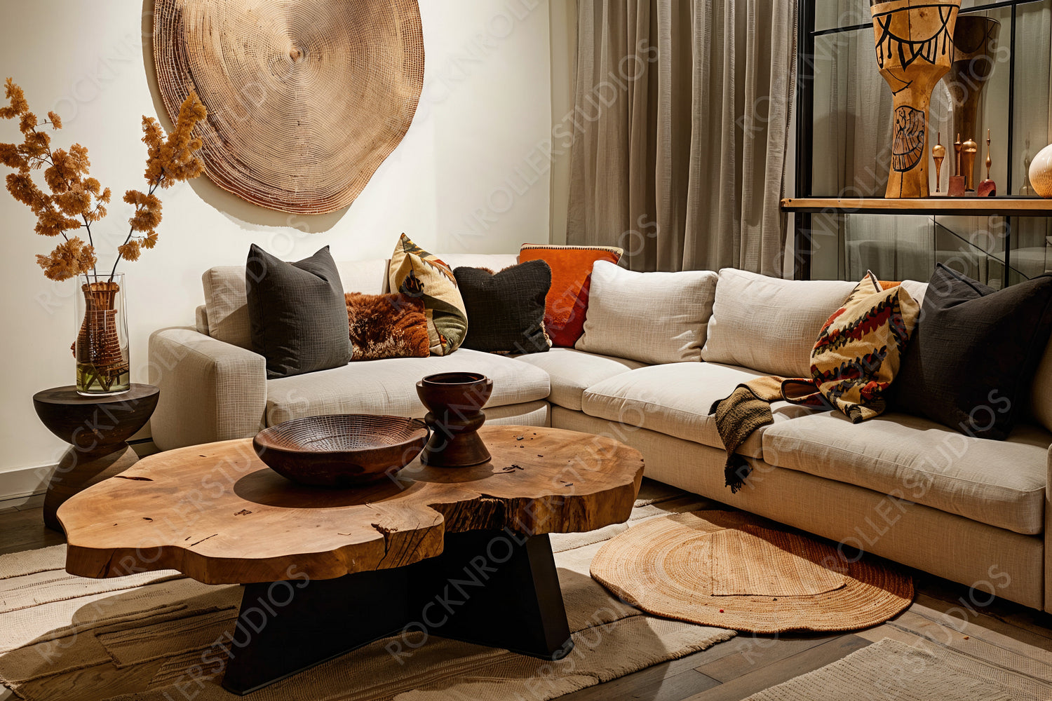 Stylish Earth-Toned Living Room with African-Inspired Art and Rustic Decor