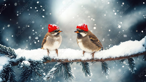 Two Adorable Sparrows in Red Hats Perched on Snowy Branch in Winter Wonderland