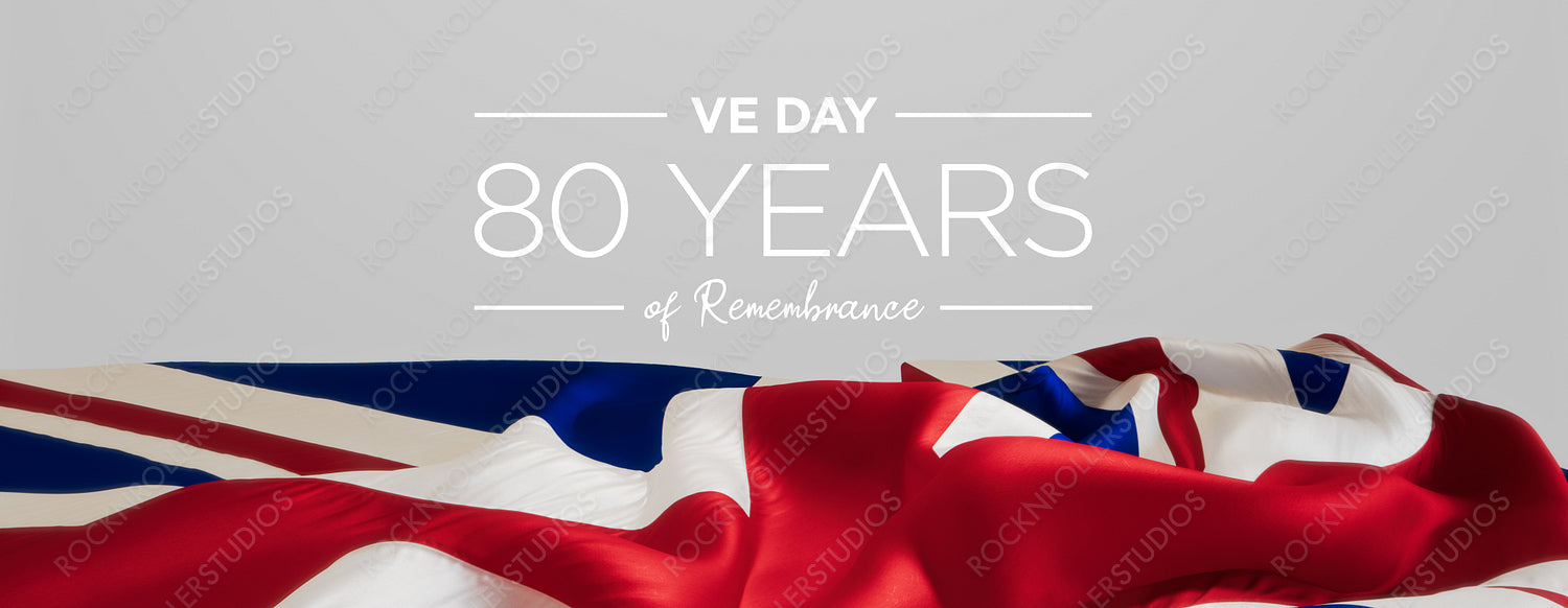 VE Day 80th Anniversary: Union Jack Flag with Commemorative Text on Grey Background