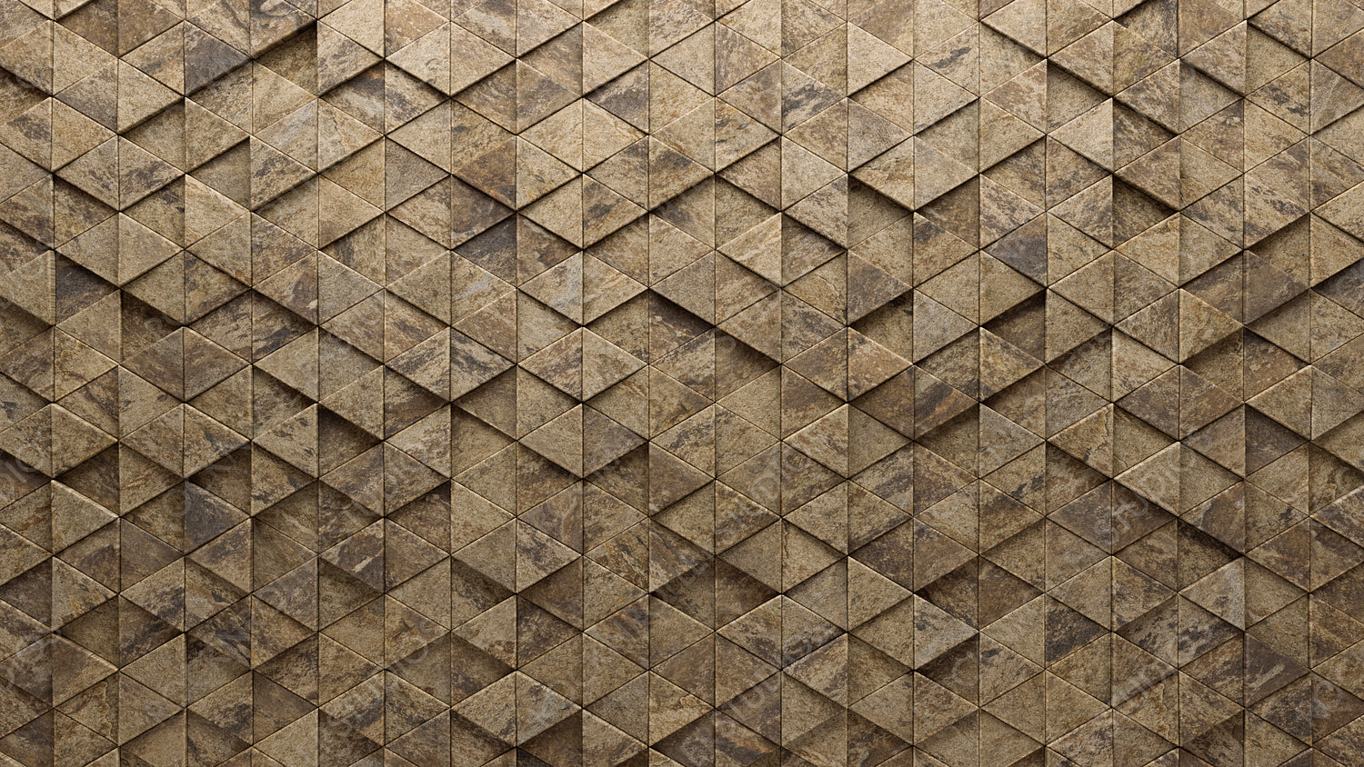 Triangular, Textured Mosaic Tiles arranged in the shape of a wall. Semigloss, Natural Stone, Bricks stacked to create a 3D block background. 3D Render