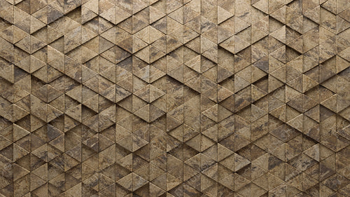 Triangular, Textured Mosaic Tiles arranged in the shape of a wall. Semigloss, Natural Stone, Bricks stacked to create a 3D block background. 3D Render
