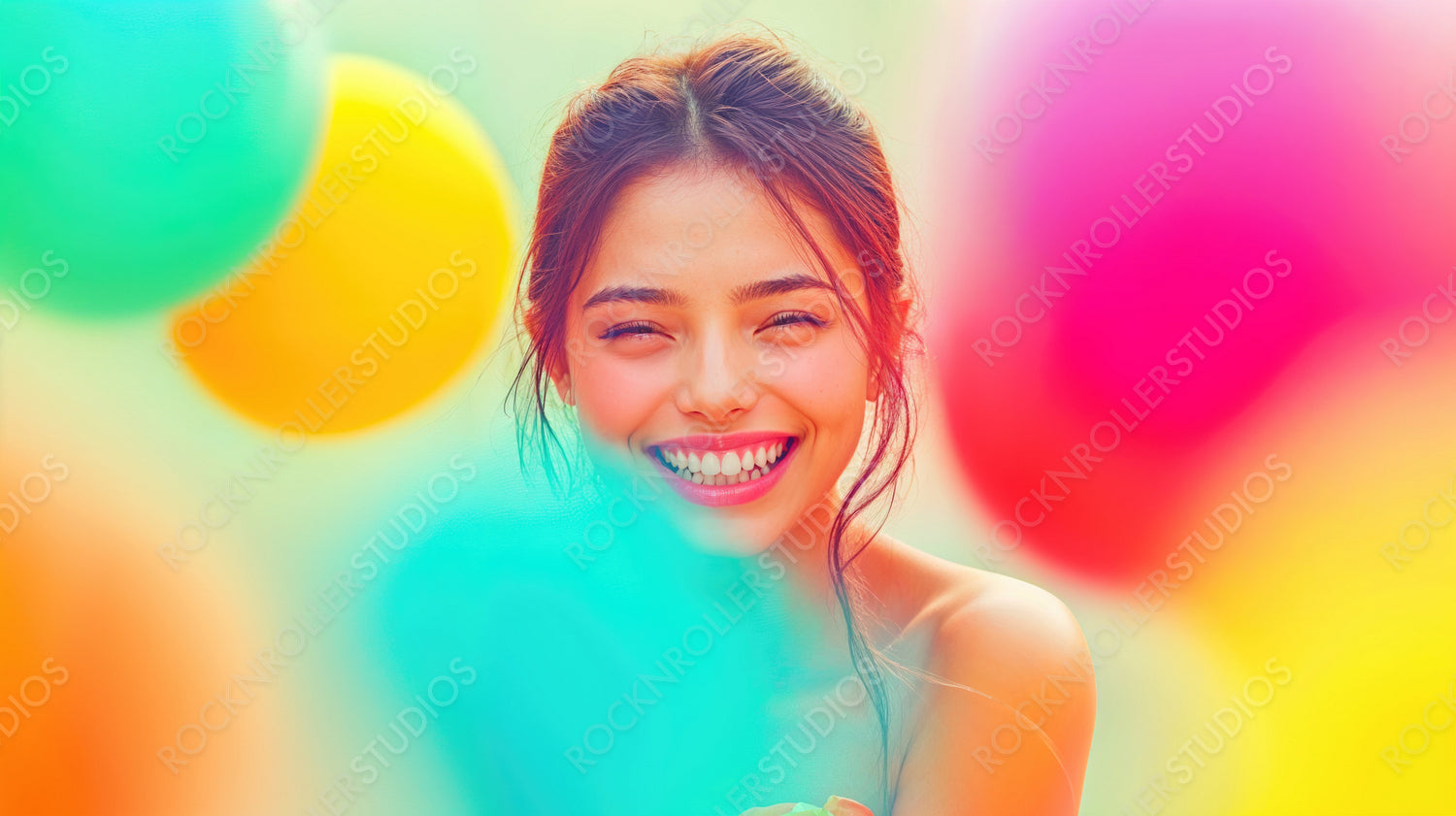 Radiant Young Woman in Festive Balloon Wonderland