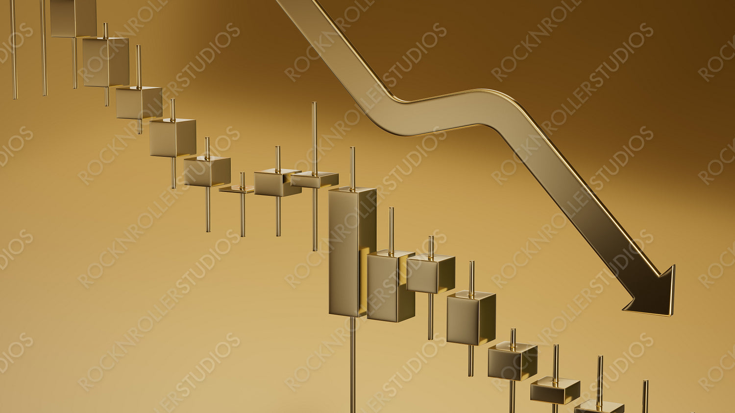 Golden Decline: Stylized 3D Financial Chart with Downward Arrow - Modern Economic Crisis Concept