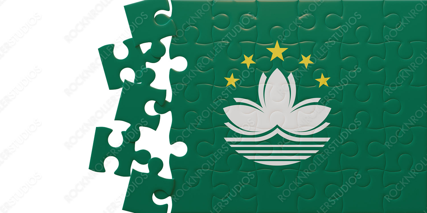 Macau Flag as a Jigsaw Puzzle: Incomplete Lotus Logo on Green, Symbolizing Environmental and Governmental Unity