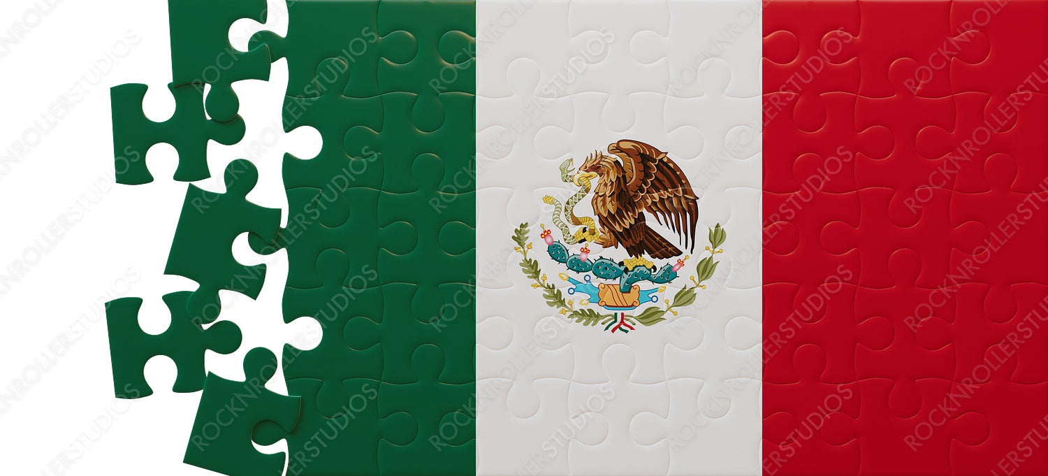 Vibrant Mexican Flag as a Jigsaw Puzzle: National Symbolism in Pieces