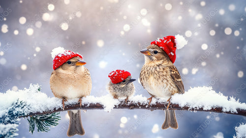 Adorable Birds Perched on a Snowy Branch with Red Ornaments and a Holiday Vibe