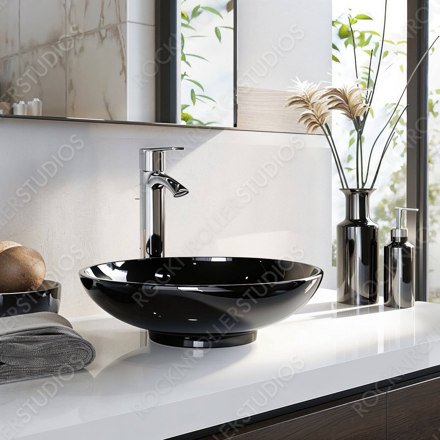 Chic Modern Bathroom with Black Vessel Sink and Chrome Faucet, Accentuated by Natural Elements and Contemporary Decor