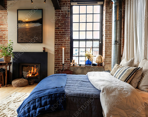 Chic Loft Bedroom Oasis: Cozy Fireplace, Exposed Brick & Modern Rustic Decor