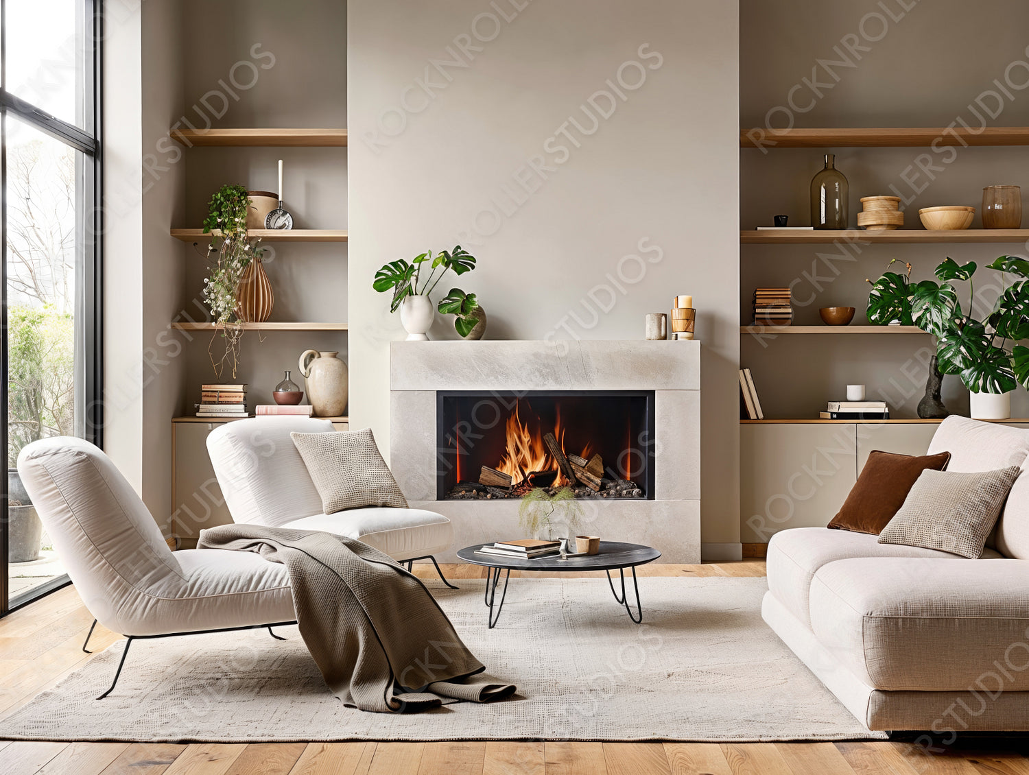 Modern Cozy Living Room with Fireplace and Comfortable Neutral Furnishings