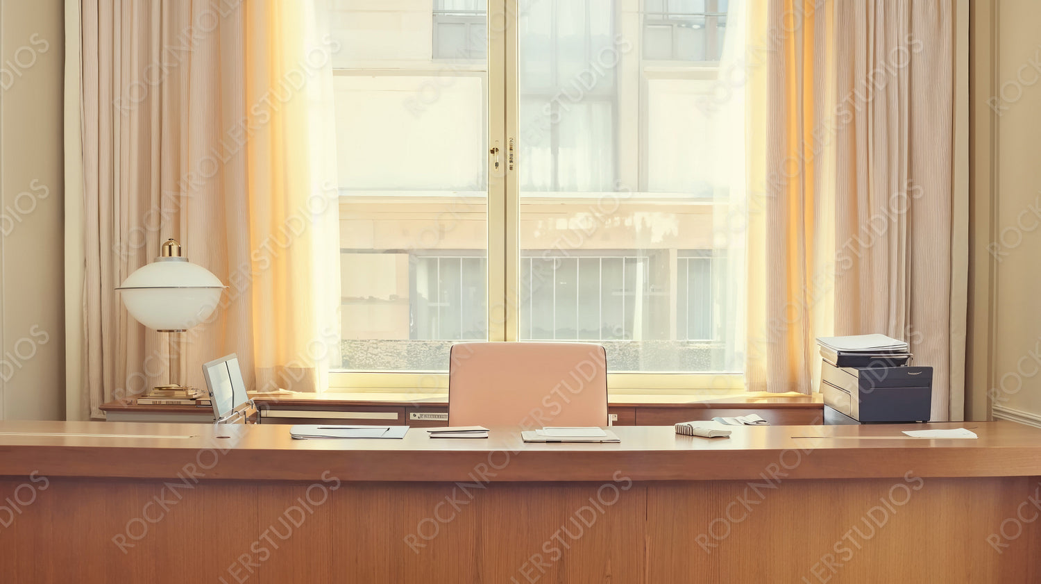 Sunny, Elegant Office: Modern Desk Setup with Urban View and Warm Interior Design