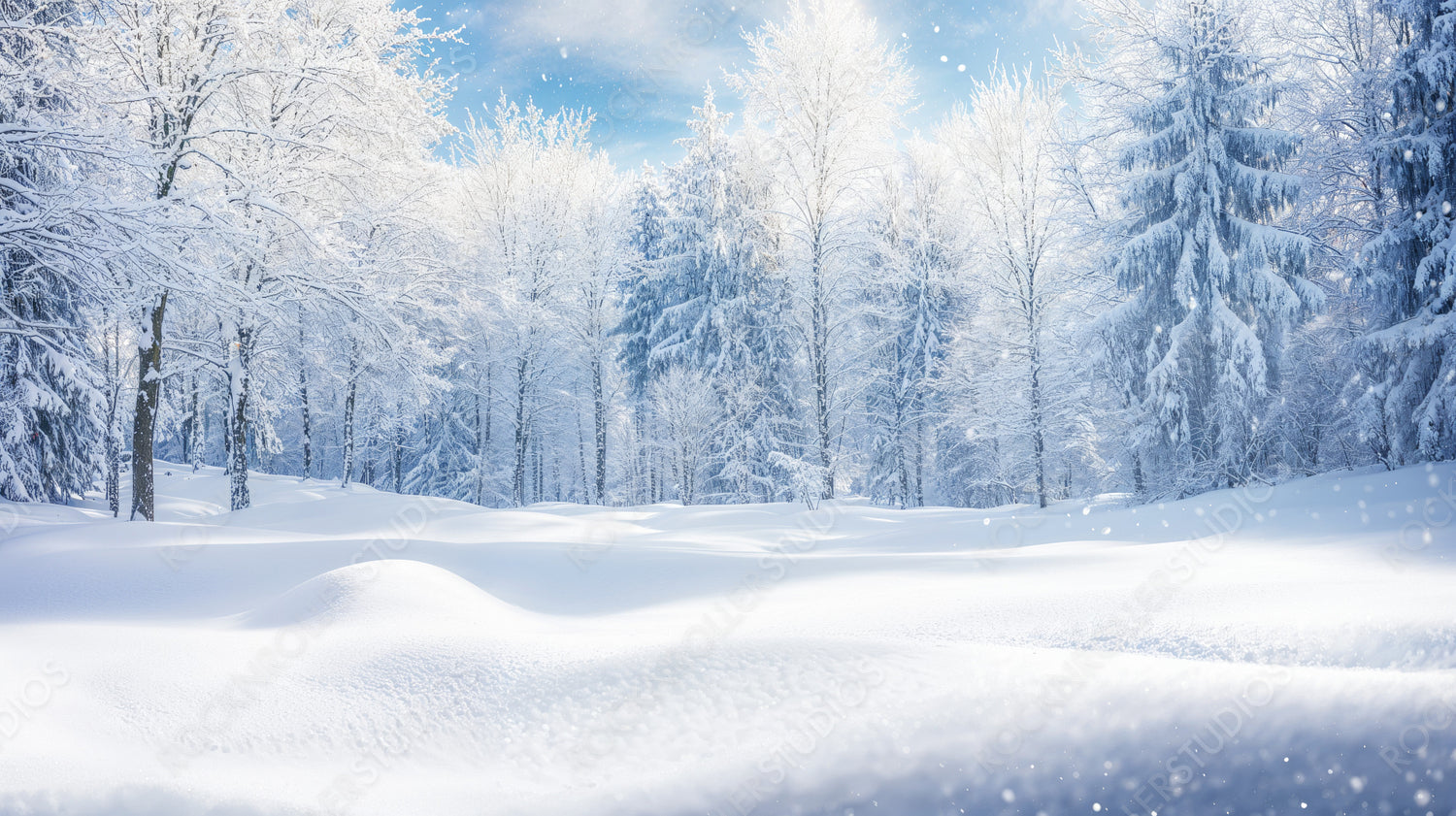 Winter forest with falling snow and frosted trees in a magical snow-covered wonderland