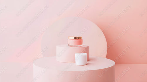 Minimalist Pink Beauty Product Display on Geometric Stands