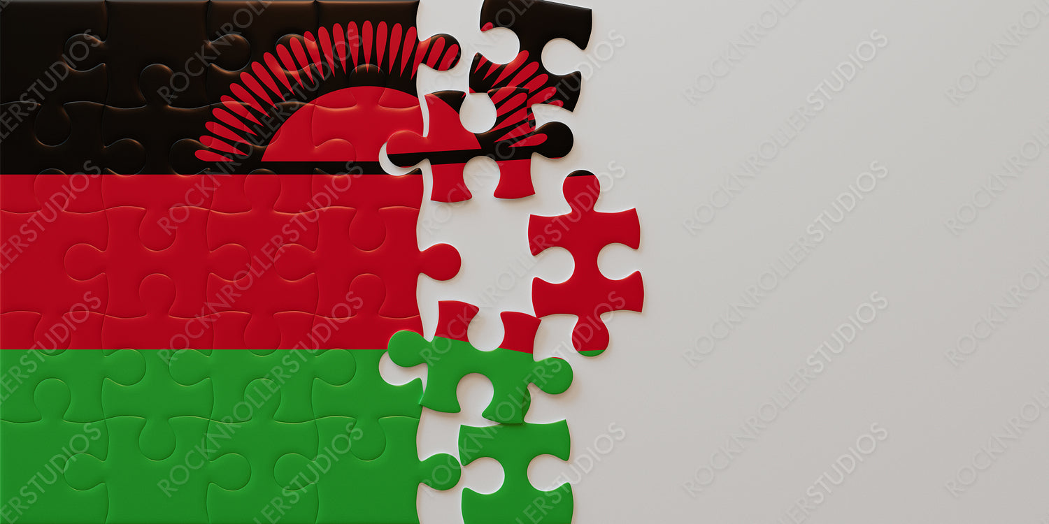 Creative Puzzle of Malawi Flag with Sunrise Symbol - Assembling National Colors