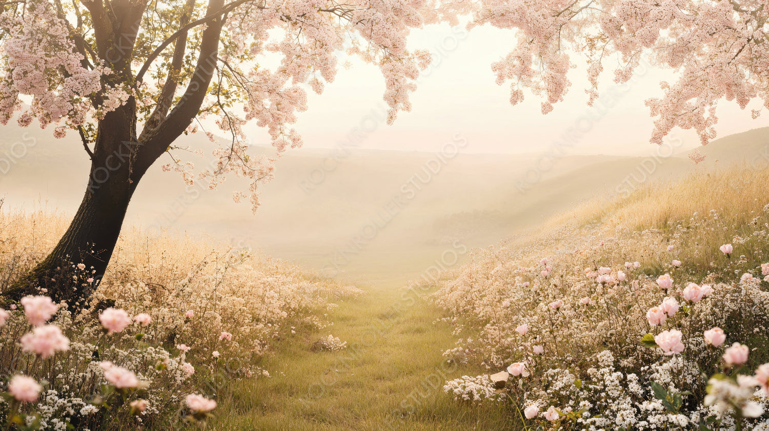 Golden Hour Bliss: Serene Spring Landscape with Blossoming Tree and Wildflowers
