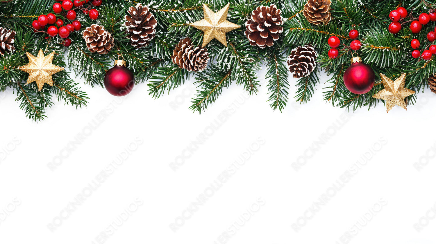 Christmas Garland with Pine Cones, Golden Stars, and Red Ornaments