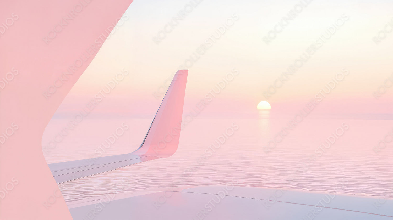 Serene Sunset View from Airplane: Pastel Skies and Calm Sea