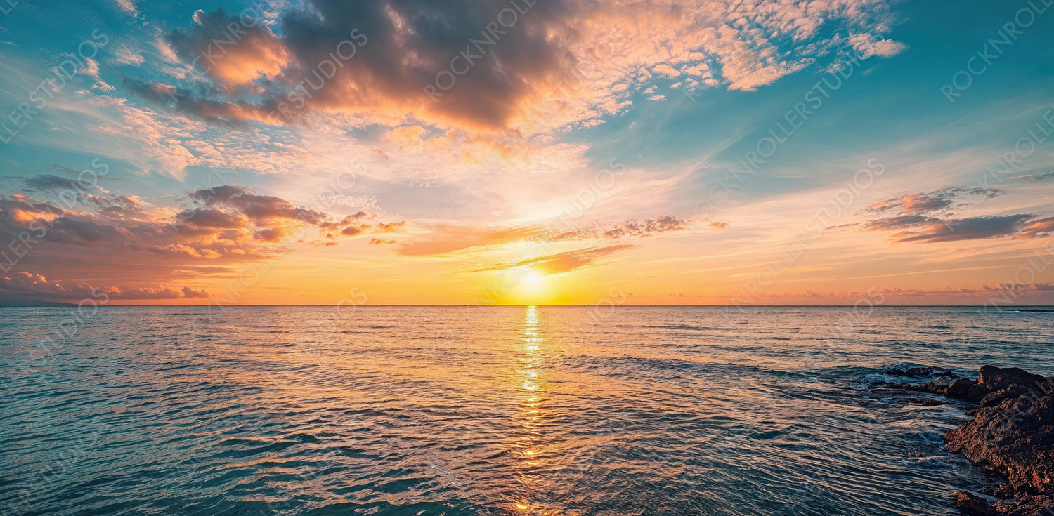 Calm Holiday Destination. Sea and Sky background with Peaceful Sunset Beach.