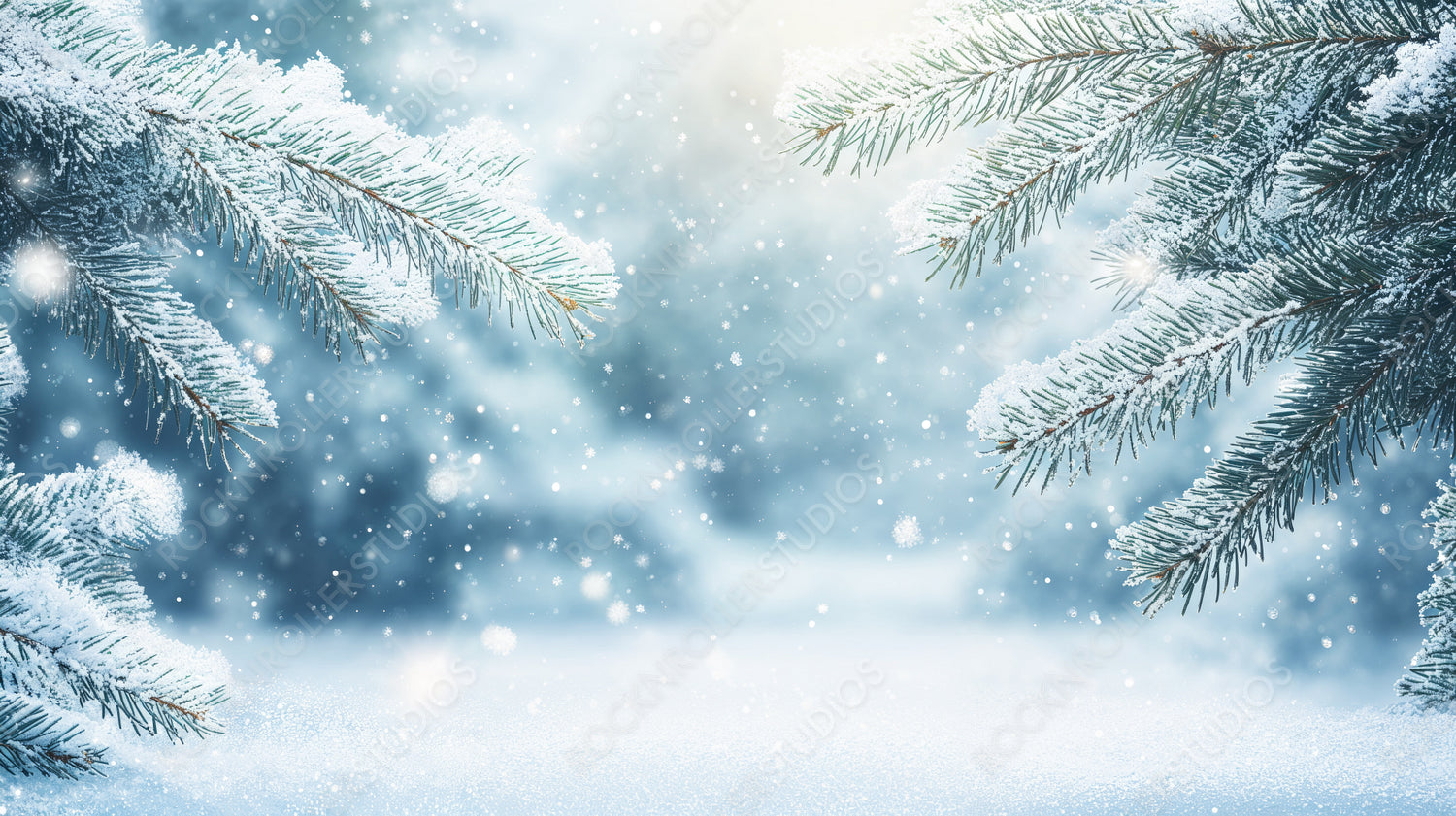 Snow-Covered Pine Branches with Sunlight Streaming Through, Creating a Winter Wonderland Scene