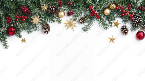 Christmas Garland with Pine Cones, Golden Stars, and Red Ornaments