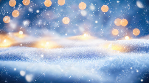 Dreamy Snowfall with Twinkling Lights Over Winter Snowdrifts