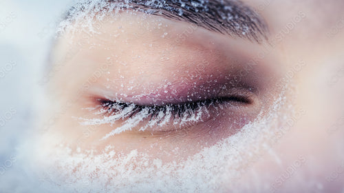 Close-up of Frost-Covered Closed Eye in Winter Freeze with Snowflakes on Eyelashes