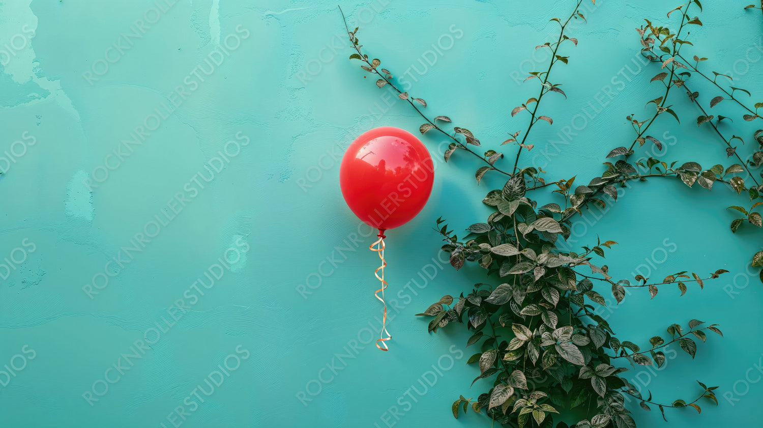 Playful Red Balloon Against a Vibrant Blue Wall with Ivy