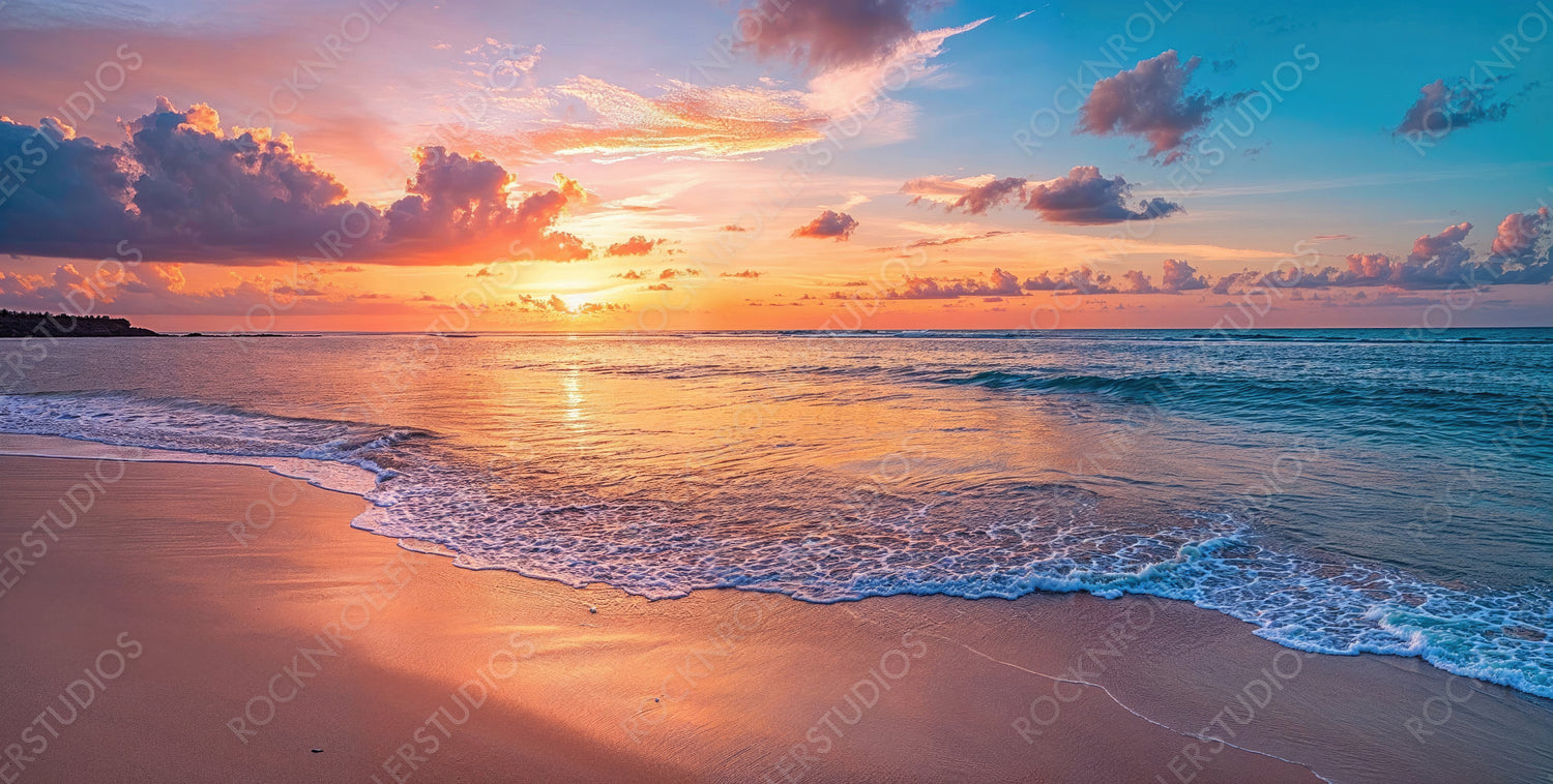 Tranquil Vacation Destination in the Dominican Republic. Romance banner with Dreamlike Sunrise Beach.