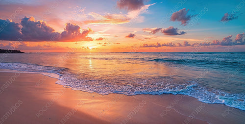 Tranquil Vacation Destination in the Dominican Republic. Romance banner with Dreamlike Sunrise Beach.