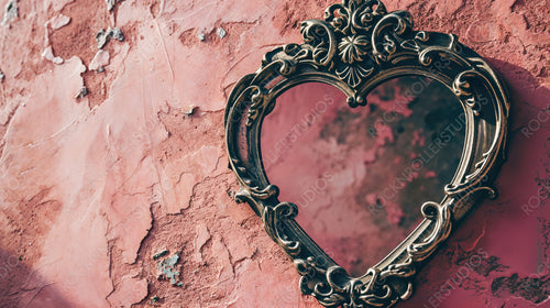 Charming Vintage Heart-Shaped Mirror on a Textured, Peeling Pink Wall