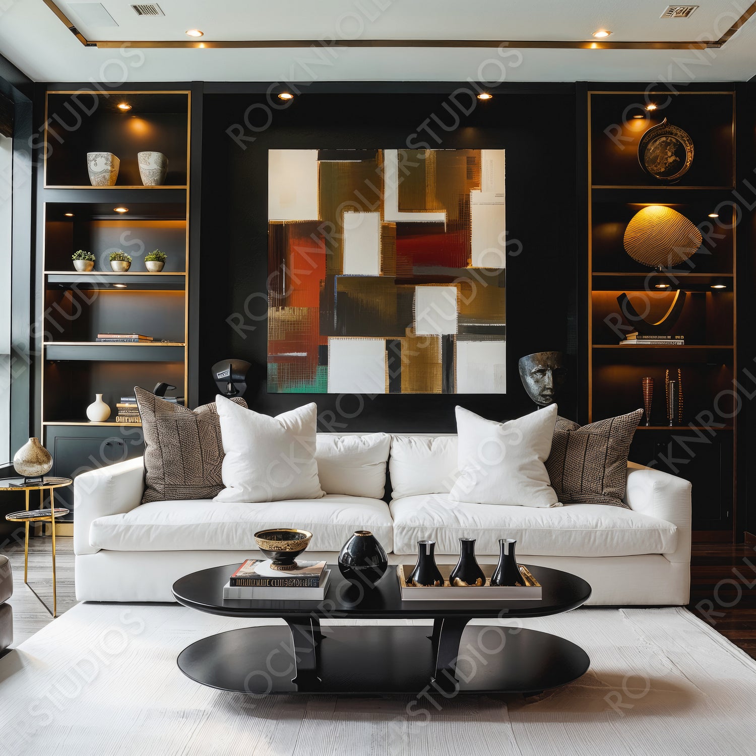 Chic Modern Living Room with Elegant Black and White Decor, Luxurious Furniture, and Striking Abstract Art